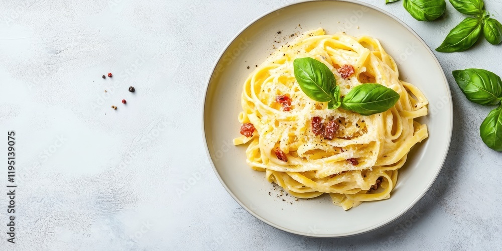Pasta carbonara garnished with fresh basil leaves in a beige plate on a light grey table with scattered pepper and basil branches on the side Pasta carbonara garnished with fresh basil leaves in a beige plate on a light grey table with scattered pepper and basil branches on the side