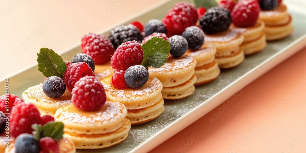 Mini pancakes stacked and topped with fresh raspberries and blueberries on a rectangular plate against a soft peach background with space for text. Mini pancakes stacked and topped with fresh raspberries and blueberries on a rectangular plate against a soft peach background with space for text.