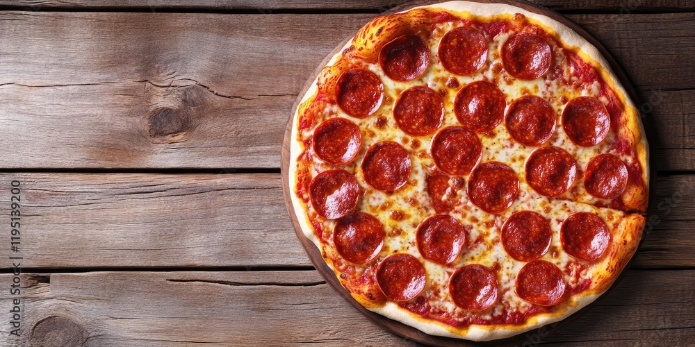 Pepperoni pizza on a wooden table with a circular layout and vibrant red toppings creating space for text on the left side of the image Pepperoni pizza on a wooden table with a circular layout and vibrant red toppings creating space for text on the left side of the image