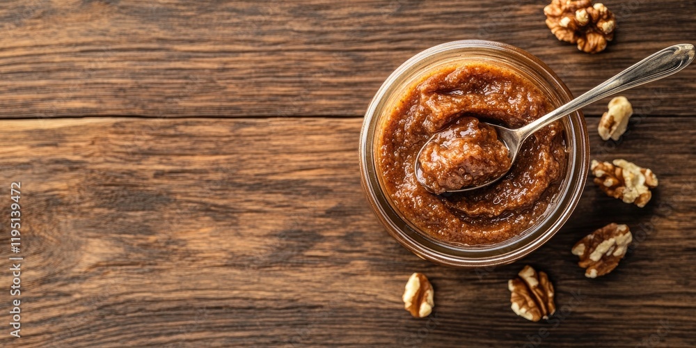 Nut paste in glass jar with silver spoon on rustic wooden table surrounded by walnut pieces natural warm brown tones top view Nut paste in glass jar with silver spoon on rustic wooden table surrounded by walnut pieces natural warm brown tones top view