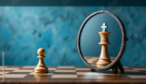 symbolic chess concept with a pawn seeing itself as a king in a mirror