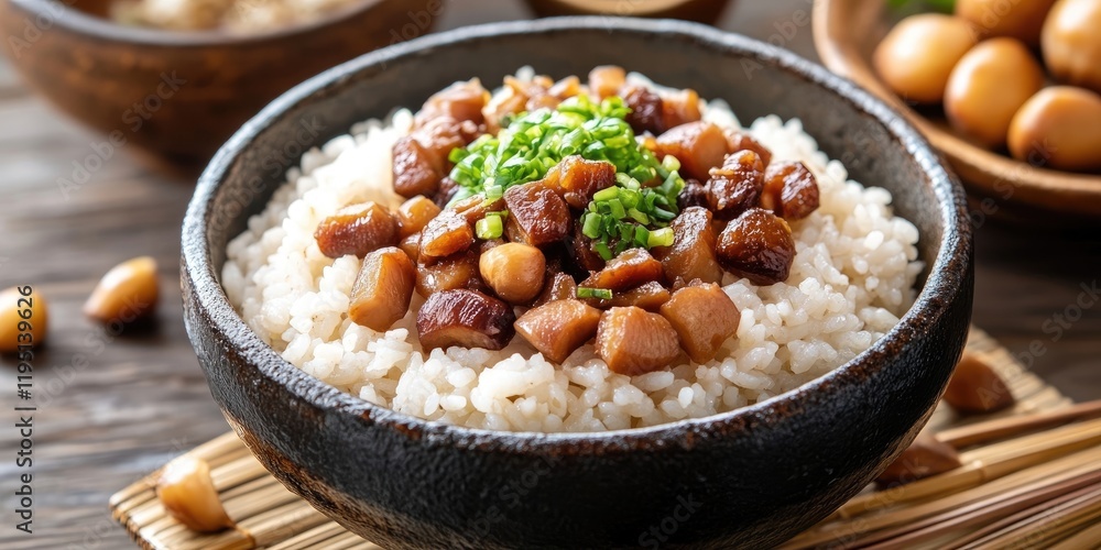 Savory rice bowl with chestnuts and green onions in a textured black bowl on a bamboo mat, with wooden bowls and nuts in the background. Savory rice bowl with chestnuts and green onions in a textured black bowl on a bamboo mat, with wooden bowls and nuts in the background.