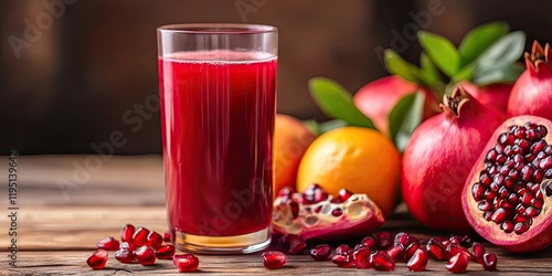 Vibrant pomegranate juice in a clear glass on wooden table surrounded by fresh pomegranates and oranges with green leaves and space for text