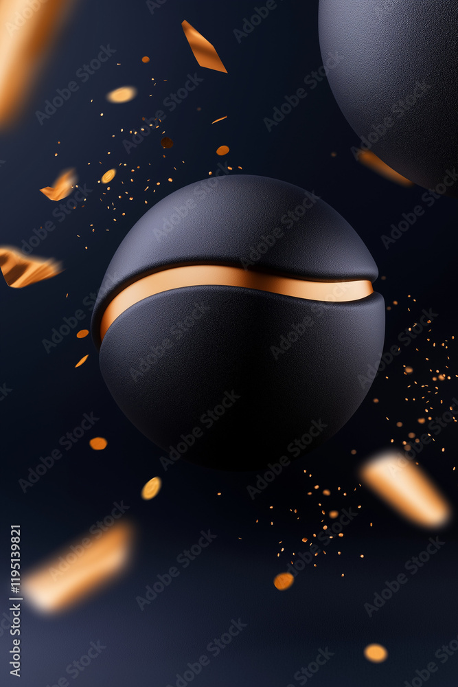 Fototapeta premium Dark elegance: Black spheres with gold accents, confetti falling.