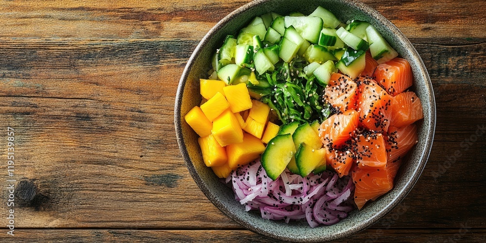 Colorful poke bowl with diced salmon, cucumber, mango, onion, and wakame arranged in a circular pattern on a wooden table with ample space. Colorful poke bowl with diced salmon, cucumber, mango, onion, and wakame arranged in a circular pattern on a wooden table with ample space.