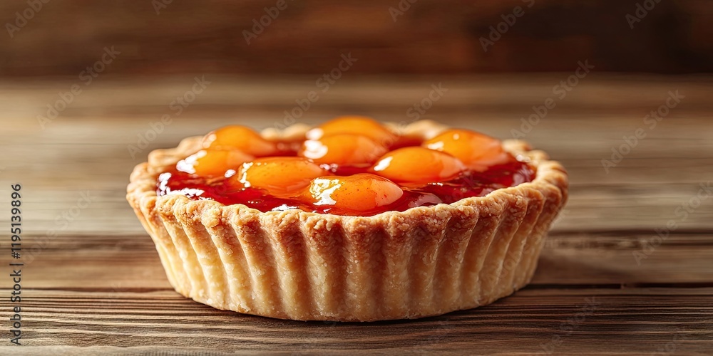 Delicious tart with golden apricot slices and cherry jam in a paper cup on rustic wooden table, warm tones, inviting texture, space for text. Delicious tart with golden apricot slices and cherry jam in a paper cup on rustic wooden table, warm tones, inviting texture, space for text.