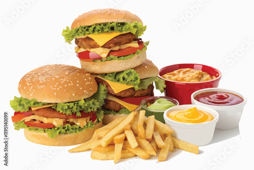 Adobe Illustrator Artwork an enticing arrangement of fast food favorites, including different styles of burgers, golden fries, and refreshing beverages, set against a transparent background.