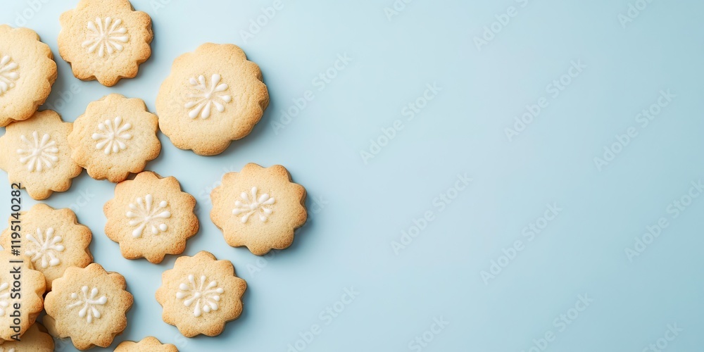 Sweet sugar cookies arranged on a light blue background with space for text on the right highlighting the delicate floral design elements Sweet sugar cookies arranged on a light blue background with space for text on the right highlighting the delicate floral design elements