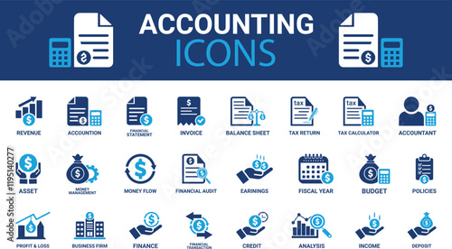 Accounting icon set. Containing financial statement, accountant, financial audit, invoice, tax calculator, business firm, tax return, income and balance sheet icons. Solid icon collection.