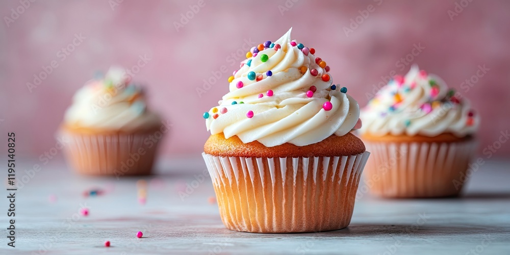 Colorful cupcakes with frosting and sprinkles in the foreground against a soft pink background, showcasing sweet desserts for celebrations. Colorful cupcakes with frosting and sprinkles in the foreground against a soft pink background, showcasing sweet desserts for celebrations.