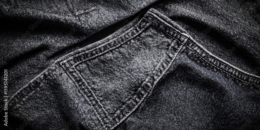 Naklejka premium Texture background of dark grey denim jeans with a subtle pale white hue, featuring intricate stitching details and folds for a classic look.
