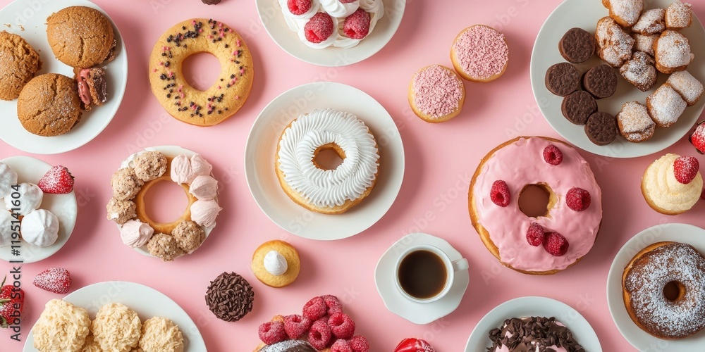 Colorful dessert table with various cookies donuts cakes and cheesecakes in circular plates set against a soft pink background top view flat lay. Colorful dessert table with various cookies donuts cakes and cheesecakes in circular plates set against a soft pink background top view flat lay.