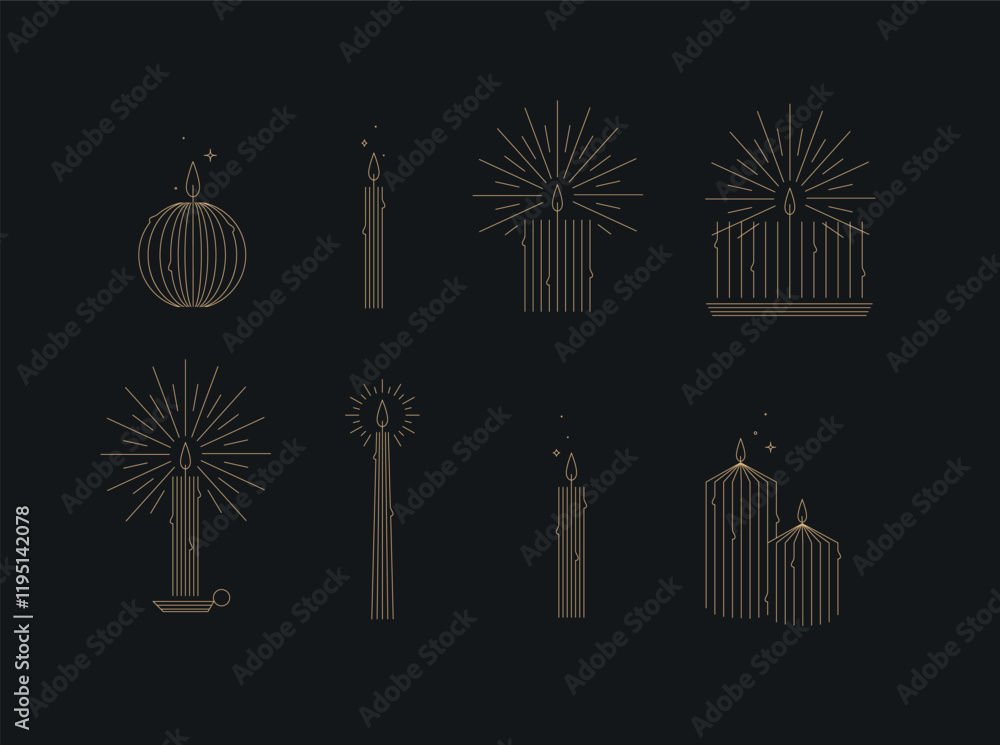 Candle set different forms and shapes drawing in art deco style on black background