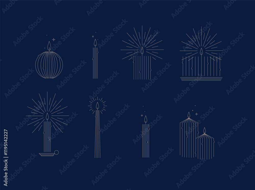 Candle set different forms and shapes drawing in art deco style on blue background