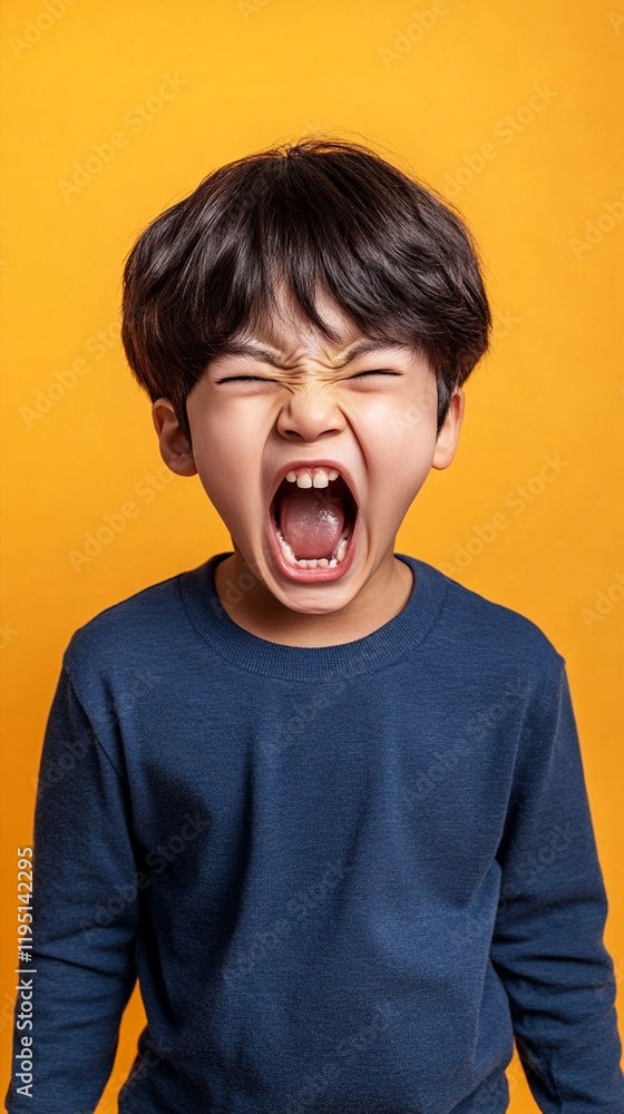 Expressive portrait of a young child screaming with eyes tightly shut against vibrant yellow background, wearing navy blue sweater, capturing pure emotional energy and authentic childhood behavior. Expressive portrait of a young child screaming with eyes tightly shut against vibrant yellow background, wearing navy blue sweater, capturing pure emotional energy and authentic childhood behavior.