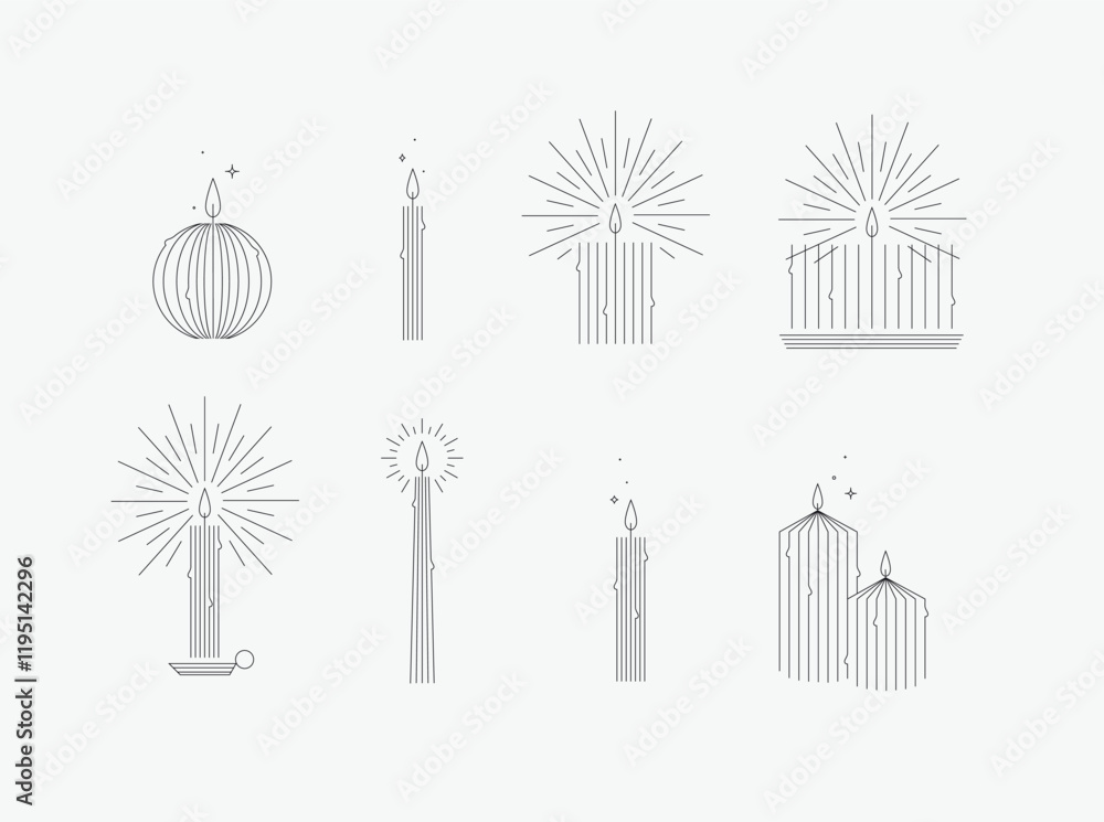 Candle set different forms and shapes drawing in art deco style on grey background