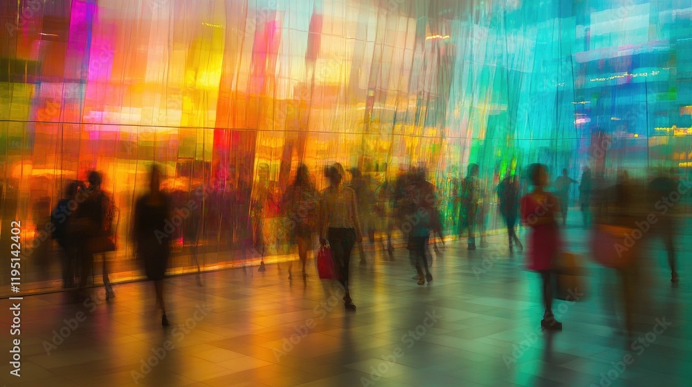 A dynamic interior scene featuring silhouettes of people moving through a brightly lit space with large, A dynamic interior scene featuring silhouettes of people moving through a brightly lit space with large,