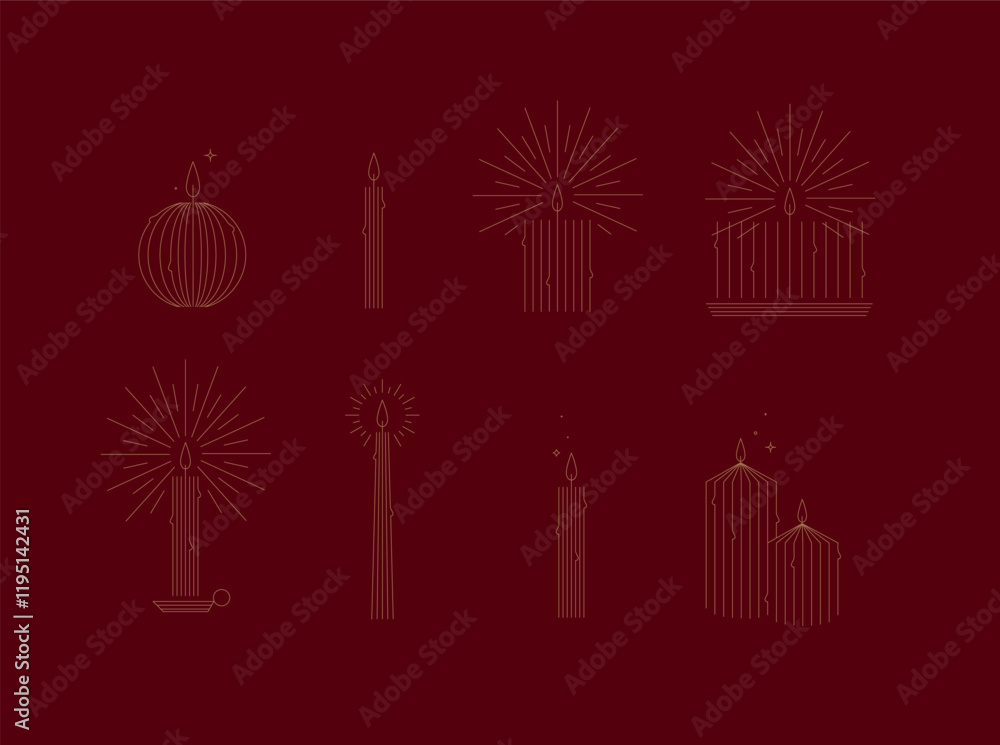 Candle set different forms and shapes drawing in art deco style on red background