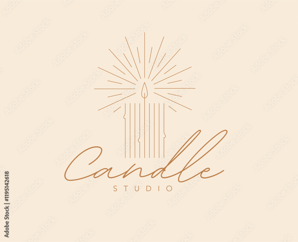 Candle studio label design with lettering drawing in linear art deco style on beige background
