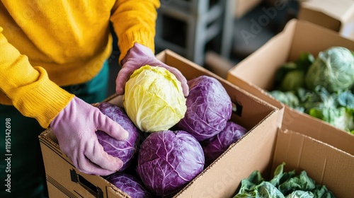 A person wearing blue gloves sorts through fresh green cabbages in wooden crates at a produce facility. photo