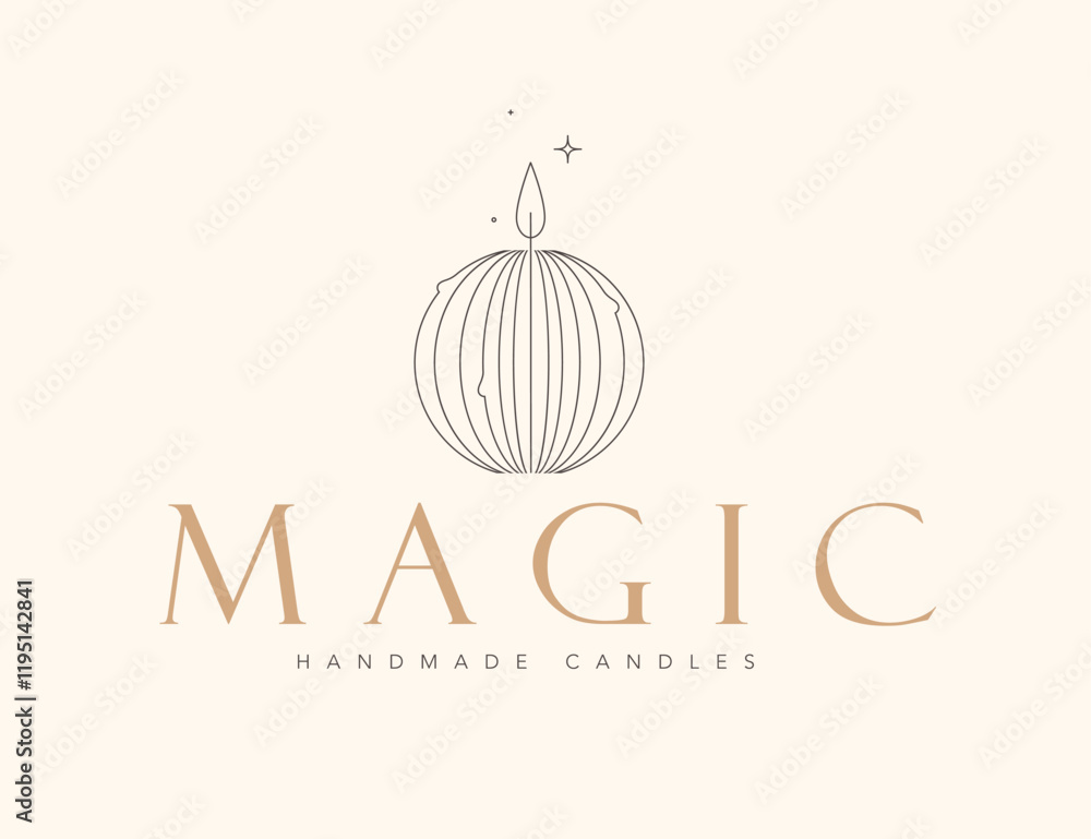 Handmade candles salon label design with lettering magic drawing in linear art deco style on beige background
