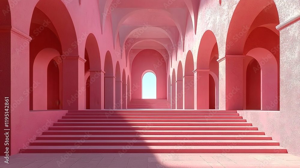 Pink Architectural Wonder: A captivating perspective of a long pink hallway, adorned with arches and stairs, leading to a bright opening. Pink Architectural Wonder: A captivating perspective of a long pink hallway, adorned with arches and stairs, leading to a bright opening.