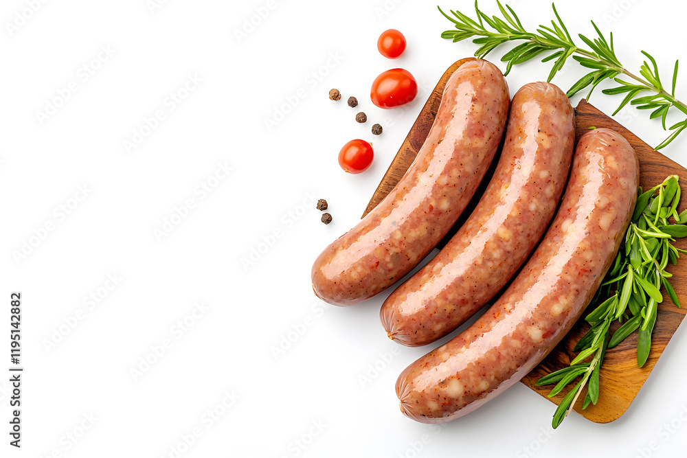Boiled, grilled sausages isolated on white background, top view Boiled, grilled sausages isolated on white background, top view