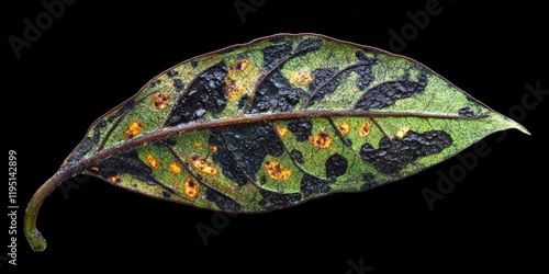 Detailed close-up of a diseased orchid leaf displaying black fungi with green and yellow patterns, isolated on a black background for emphasis. photo