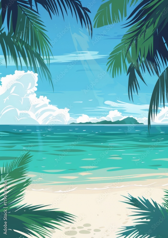 Fototapeta premium A beautiful beach scene with palm trees and a blue ocean. Scene is calm and relaxing