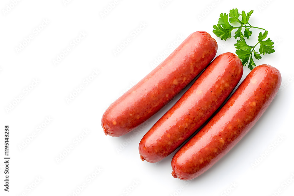 Boiled, grilled sausages isolated on white background, top view Boiled, grilled sausages isolated on white background, top view