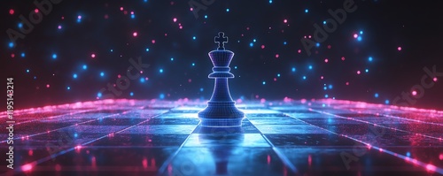 Blue neonconnected chess king, futuristic gridlike chessboard, glowing and vibrant design, hyperrealistic and cinematic mood photo