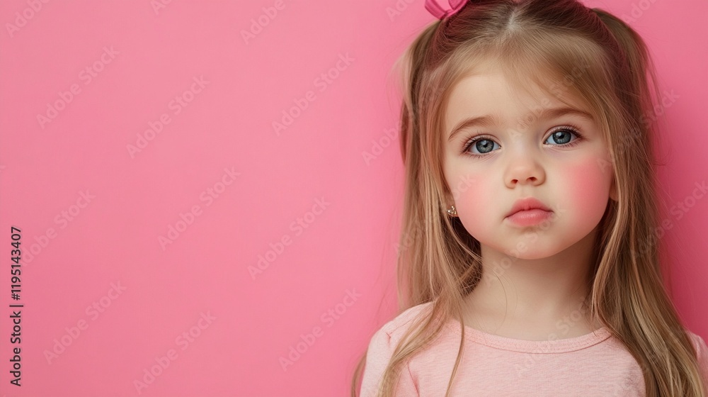 Portrait of a young child with long blonde hair and rosy cheeks against a pink background, wearing a matching pink top, expressing innocent curiosity with bright eyes and natural pose. Portrait of a young child with long blonde hair and rosy cheeks against a pink background, wearing a matching pink top, expressing innocent curiosity with bright eyes and natural pose.