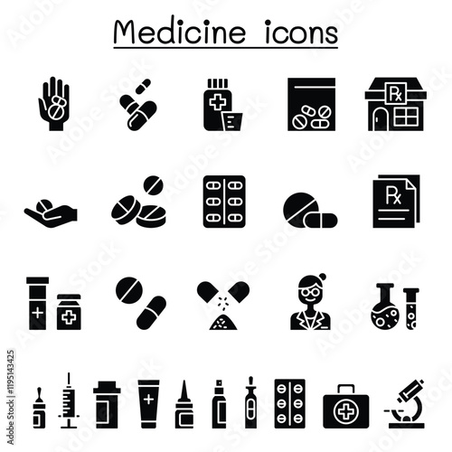 Set of medical drug related vector line icons. contains such Icons as, pill, tablet, syringe, pharmacy, drugstore, capsule, prescription, pharmacist and more.