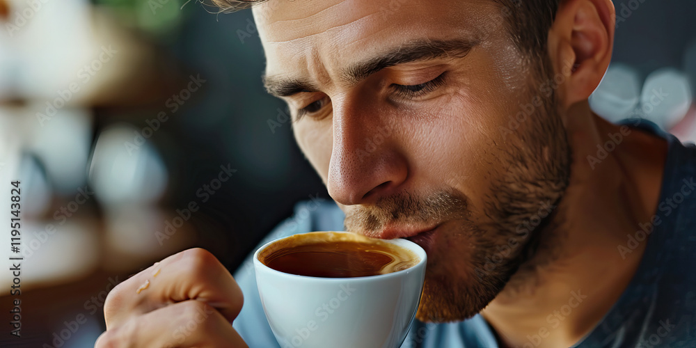 Man Drinking Coffee from White Cup in Cafe Man Drinking Coffee from White Cup in Cafe