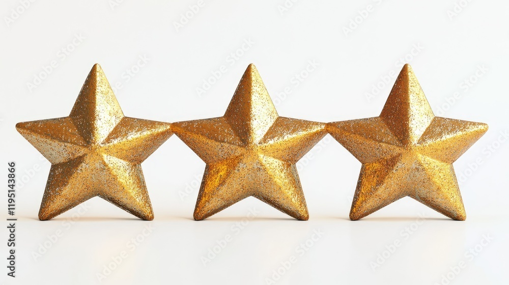 A row of five shiny, gold, three-dimensional stars arranged horizontally against a white background. A row of five shiny, gold, three-dimensional stars arranged horizontally against a white background.