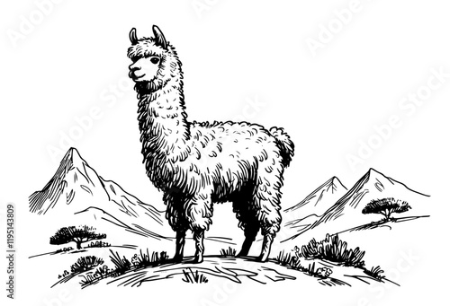 alpaca vector illustration in mountain landscape hand drawn monochrome sketch