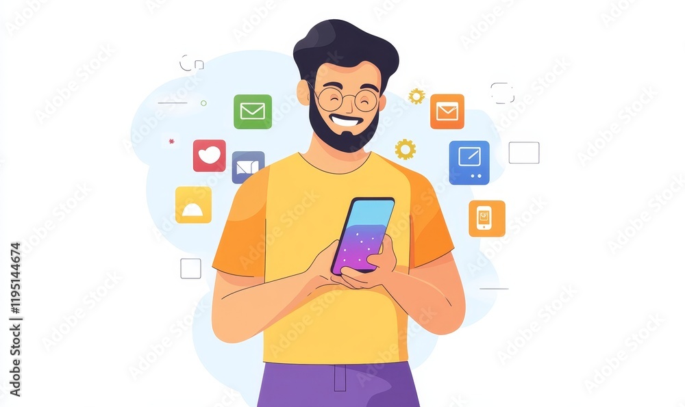 Man holding smart phone with colorful application icons, Generative AI Man holding smart phone with colorful application icons, Generative AI