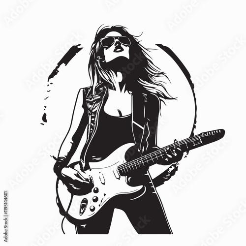 Silhouette Lady  Rocker Jamming with Her Electric Guitar in Dynamic Action Vector Illustration