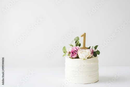 Minimalist First Birthday Cake with Floral Decoration for Elegant Celebrations photo