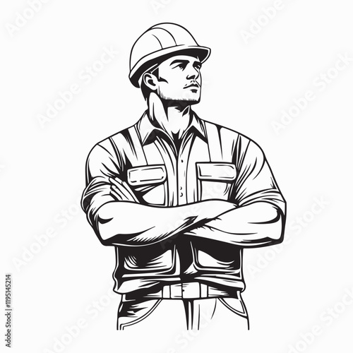 Confident Male worker in vest and hardhat image vector isolated on white background.