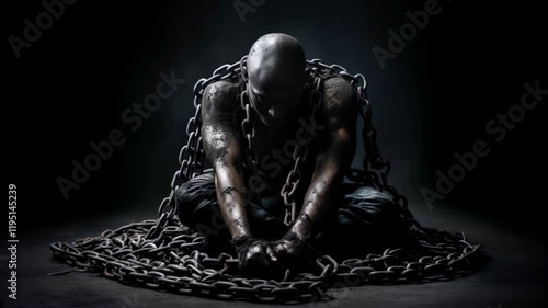 A man in chains over dark background, concept of struggle and liberation