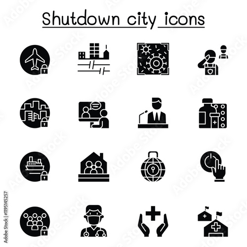 Set of Lock down city from virus crisis related vector line icons. contains such Icons as Shutdown city, state quarantine, flight cancellation, business closed, and more.