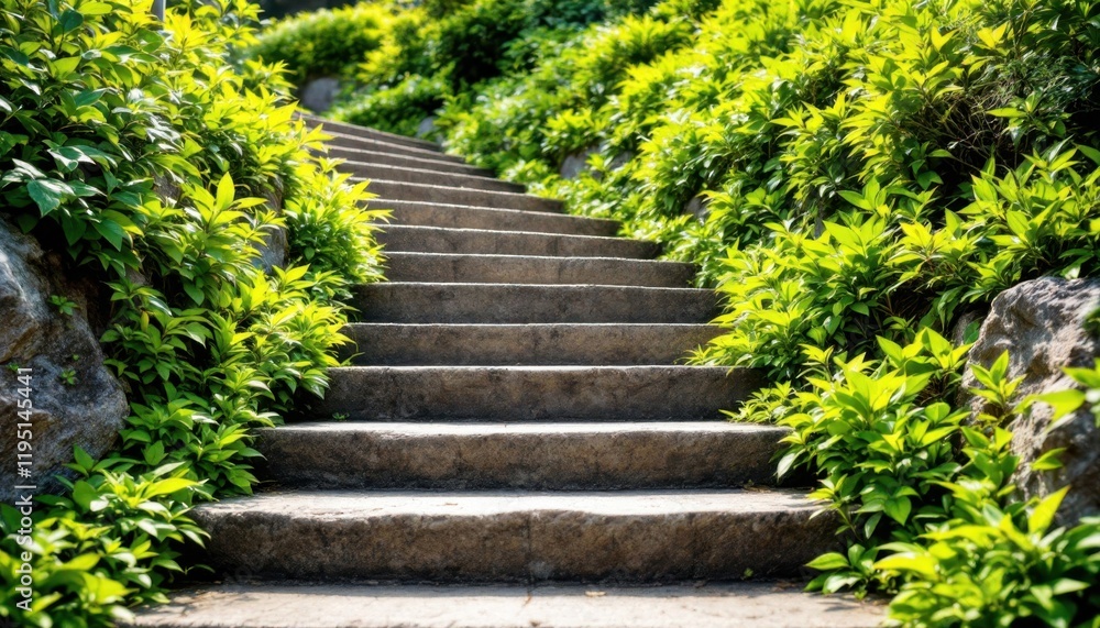 Sunlit stone stairway with green foliage in a serene outdoor garden Sunlit stone stairway with green foliage in a serene outdoor garden