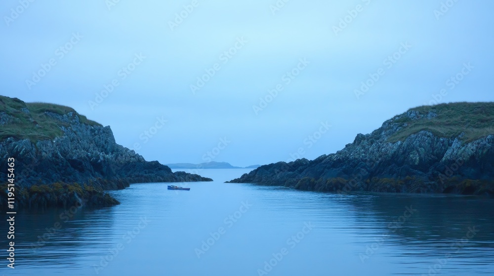 Serene Coastal Landscape with Rocky Shores and Calm Waters Under a Soft Blue Sky at Dawn, Ideal for Nature and Travel Themes in Stock Photography Serene Coastal Landscape with Rocky Shores and Calm Waters Under a Soft Blue Sky at Dawn, Ideal for Nature and Travel Themes in Stock Photography