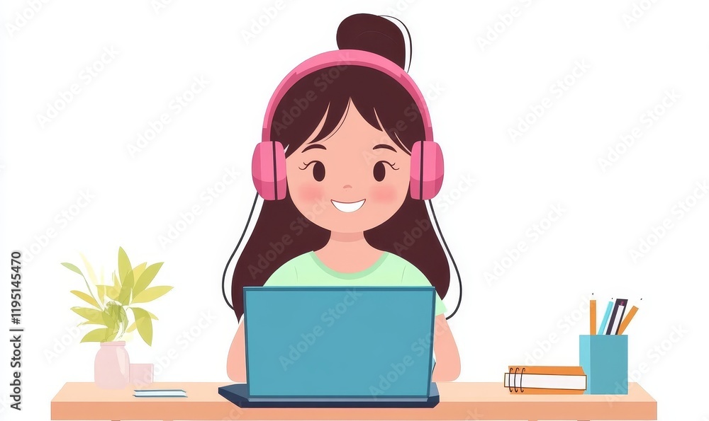 Smiling girl wear wireless headphone study online with skype teacher, Generative AI Smiling girl wear wireless headphone study online with skype teacher, Generative AI
