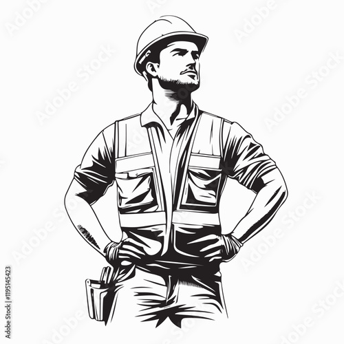 Male worker in vest and hardhat image vector isolated on white background.