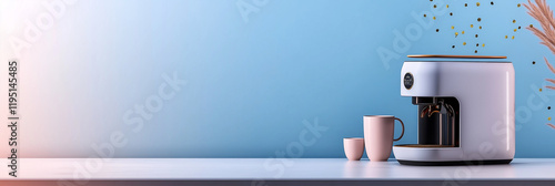 Modern espresso machine and pink cups on a white table against a light blue wall.