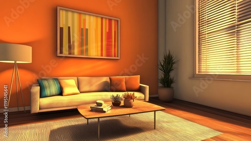 Sunny living room interior design, orange walls, modern couch photo