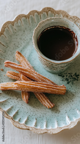 A plate of churros with a cup of chocolate sauce next to it photo