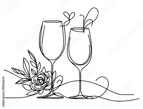 champagne two wine glasses in one line minimalist vector illustration